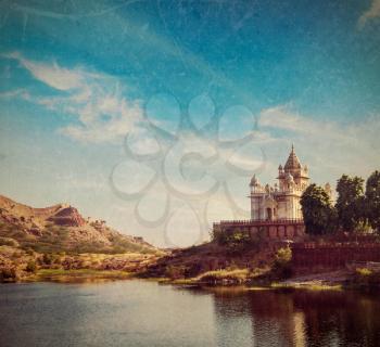 Vintage retro hipster style travel image of Jaswanth Thada mausoleum, Jodhpur, Rajasthan, India with grunge texture overlaid