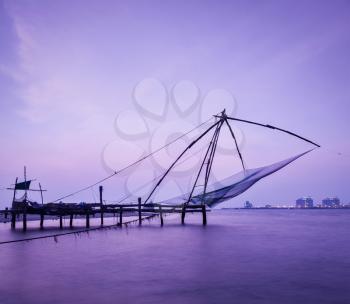 Kochi chinese fishnets on sunset. Fort Kochin, Kochi, Kerala, India