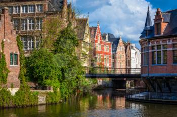 Travel Belgium medieval european city town background with canal. Ghent, Belgium