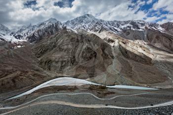 Spiti valley, river, road in Himalayas. Himachal Pradesh, India