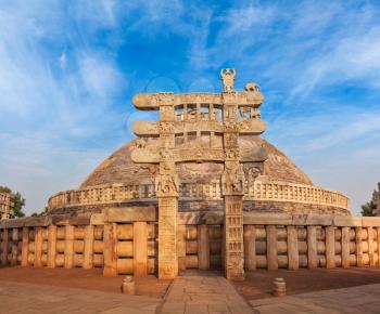 Great Stupa - ancient Buddhist monument. Sanchi, Madhya Pradesh, India