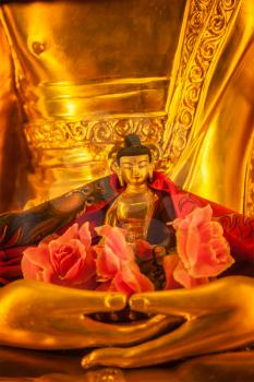 Buddha Sakyamuni statue in Tibetan Buddhist temple. Himachal Pradesh, India