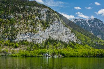 Castle at Hallstatter See mountain lake in Austria. Salzkammergut region, Austria