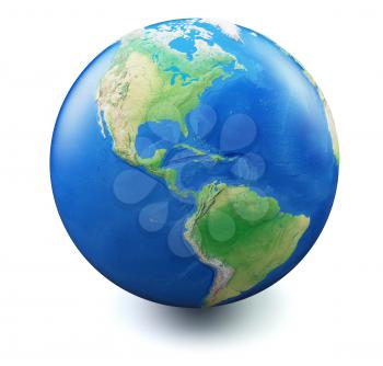 Earth isolated on white background with soft shadow, focus on Americas and United States. Map and earth data used is computer generated in public domain from www.naturalearthdata.com