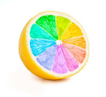 Lemon cut half slice with color wheel rainbow colors isolated on white background