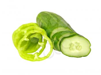 Sliced cucumber and green pepper isolated on white background.