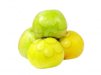 Heap of green ripe apples isolated on white background.