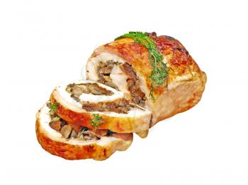 Stuffed Chicken roll and mushrooms isolated on white background.