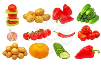 Set of different fresh vegetables isolated on white background.