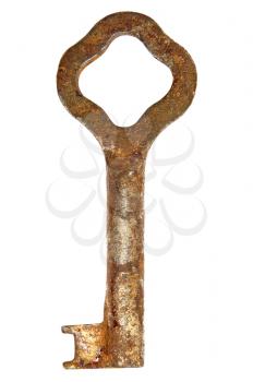 Old rusty key isolated on a white background.