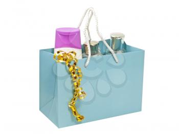 Gift set in blue gift bag with isolated on a white background