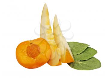 Peach and melon slices isolated on a white background.