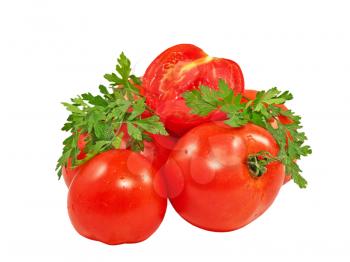 Red tomatoes and green parsley branch isolated on a white background.