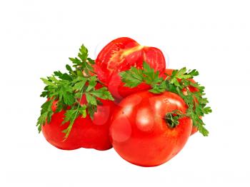 Fresh red tomatoes and green parsley branch isolated on a white background.