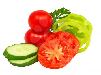 Sliced cucumber, green pepper and tomato isolated on a white background.