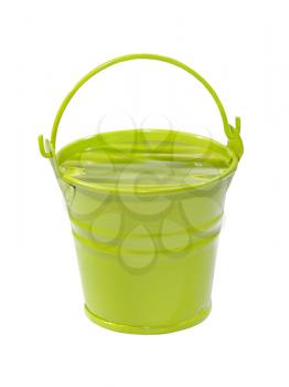Green bucket with water isolated on white background.