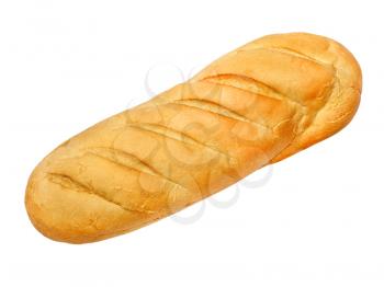 Appetizing long loaf bread taken closeup isolated on white background.