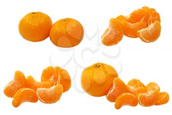 Set of fresh tangerine and tangerine semgents isolated on white background.