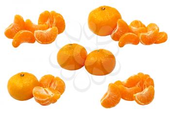 Set of ripe tangerine and tangerine semgents isolated on white background.