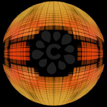 Orange globe shape on black background with empty space inside.Digitally generated image.