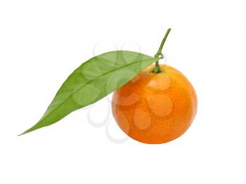 Fresh tangerine with green leaf isolated on white background.