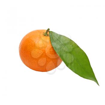 Ripe mandarin with green leaf isolated on white background.