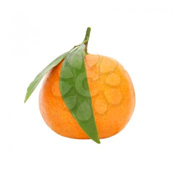 Ripe tangerine with green leaf isolated on white background.