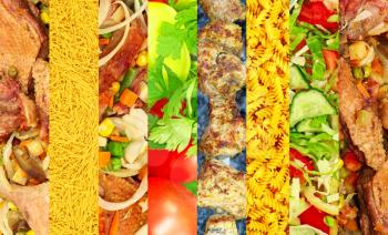 Different meat and vegetable image collage as appetizing food background.