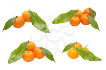 Set of ripe mandarines and green leafs isolated on white background.