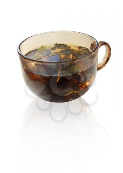 Mint tea cup with reflection on white background.