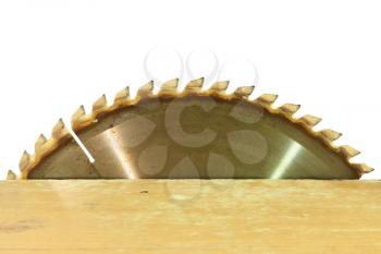 Circular saw blade taken closeup on white background with empty space.