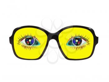 Yellow glasses with color eyes inside isolated on white background.