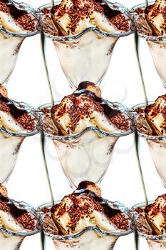 Collage of appetizing ice cream topped with chocolate syrup on white background taken closeup.