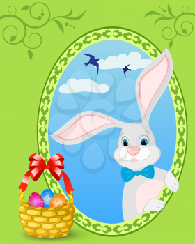 Easter bunny and basket full of colored eggs