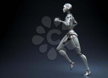 Running robot on dark background. 3D illustration