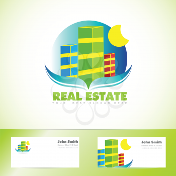 Vector logo template of real estate icon with colored buildings