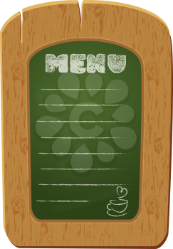 Wooden sign board - object isolated on white background. Freehand drawing on the chalkboard: word MENU and cup of coffee. Empty space for your text. Design for cafe or restourant.