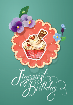 Holiday card with decorated sweet cupcake, flovers, vintage frames and calligraphic text Happiest Birthday 