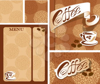 Template designs of menu and business card for coffee house  with coffee cup, beans, calligraphic text COFFEE. Background for restaurant or cafe menu, seamless patterns available. 