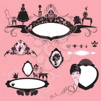 Frames with glamour accessories, furniture, girl portrait  - black silhouettes on pink background. Set of fashion elements - oval, circle, vignette - for magazine, book, invitation, card, etc. design