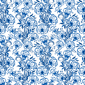 Seamless blue floral pattern. Background in the style of Chinese painting on porcelain or Russian gzhel style. 