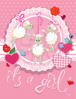 Pink baby shower card with sheep and hearts - design for girls. Birthday Invitation with handwritten text It`s a girl.