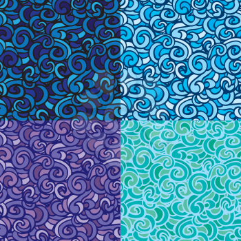 Set of seamless patterns with abstract hand-drawn waves in blue colors.