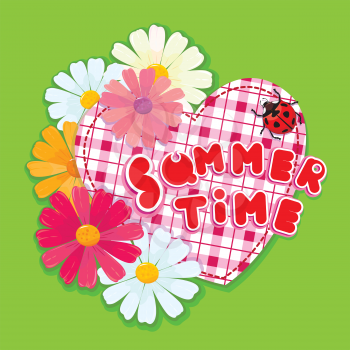 Checkered Heart, ladybird and daisies on a green background.