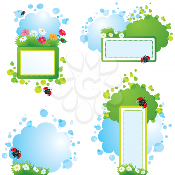 Set of spring and summer backgrounds and frames with grass, flowers and ladybirds