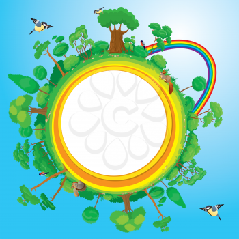 Globe with green trees, birds, animals, rainbow - eco concept