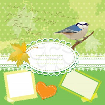 Vintage frames with bird and leafs, against polka dot background. 