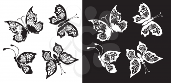 Set of silhouette butterflies collection on white and black backgrounds
