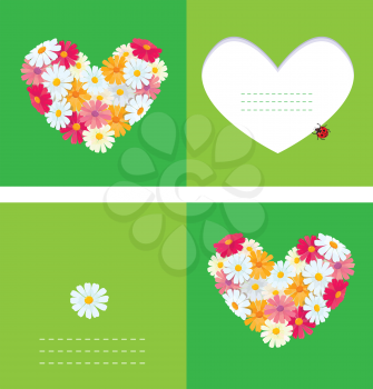 Heart is made of daisies on a green background. Valentines day card.