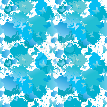 Water color blue grunge seamless background with butterflies drops and blots. Summer season pattern